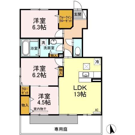フォンターナ伏石II(3LDK/1階)の間取り写真