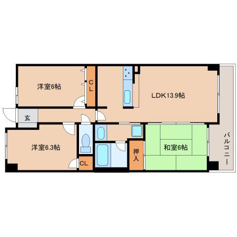ライオンズマンション富雄(3LDK/7階)の間取り写真