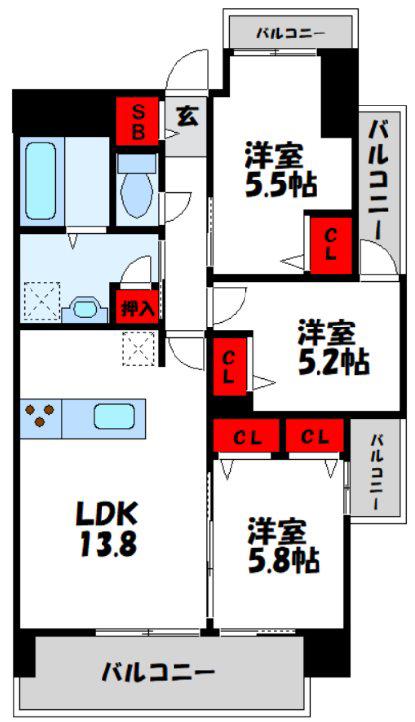 プラトウズ仲原(3LDK/4階)の間取り写真