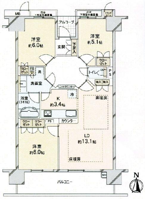 アップルガーデン茨木(3LDK/13階)の間取り写真