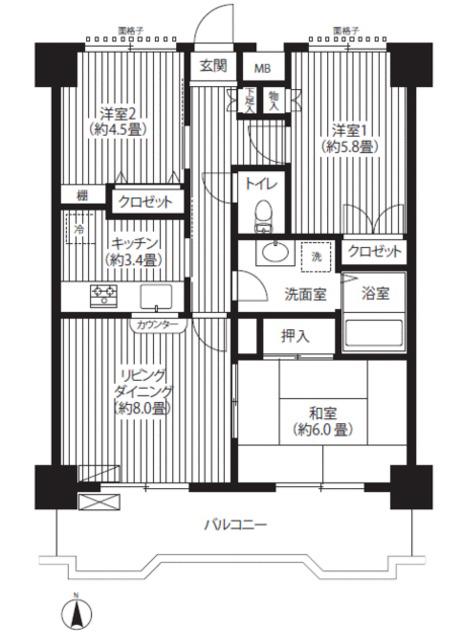 関寅ビル第2(3LDK/8階)の間取り写真