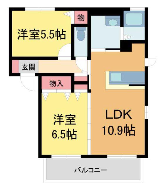 アメニティ大原Aウエスト(2LDK/2階)の間取り写真