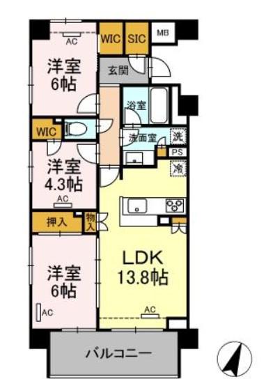 ザ・パークハウス横浜大口(3LDK/5階)の間取り写真