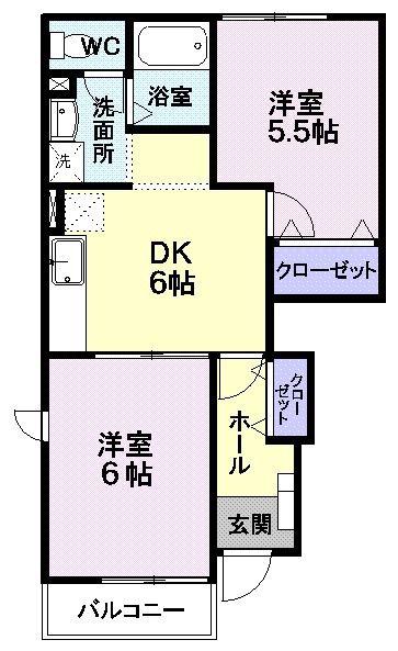 ベルソーB(2DK/1階)の間取り写真