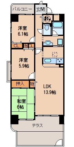 水鉄アーバンコンフォート岩出(3LDK/1階)の間取り写真