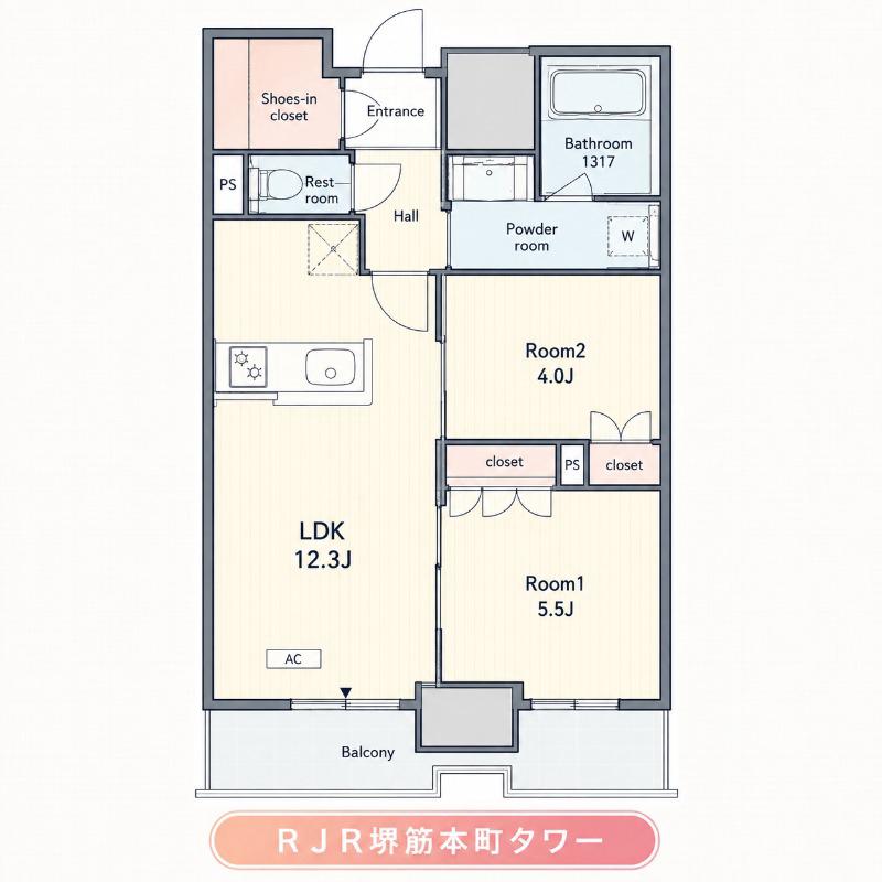 RJR堺筋本町タワー(2LDK/5階)の間取り写真