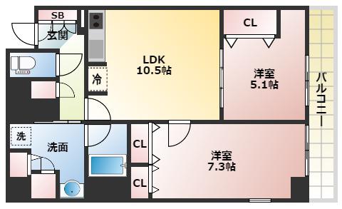 BRAVI南堀江(2LDK/15階)の間取り写真