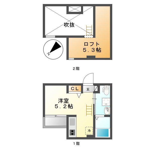 パレッタ小本ウエスト(1K/2階)の間取り写真