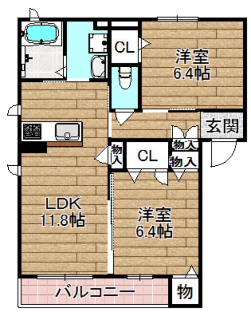 ラフィーネ大蔵司(2LDK/1階)の間取り写真