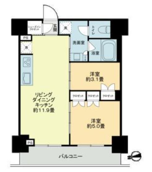 ザ・ライオンズフォーシア鶴見(2LDK/9階)の間取り写真