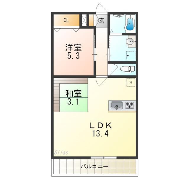 カルム御陵前(1LDK/2階)の間取り写真