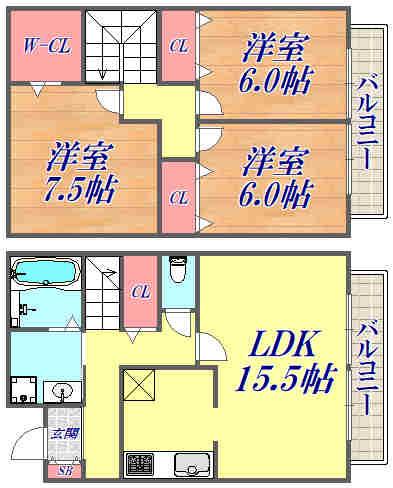 宮北タウンハウスA棟(3LDK/1階)の間取り写真