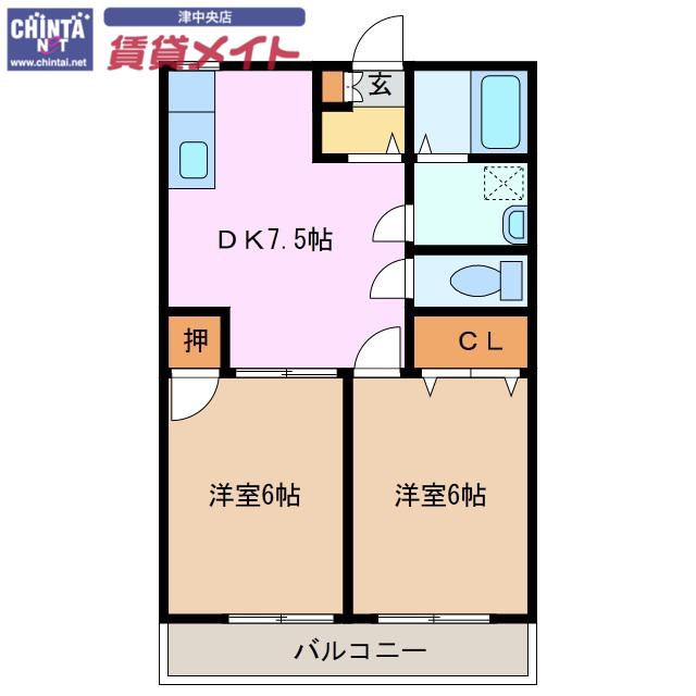 ラピス桜橋(2DK/2階)の間取り写真
