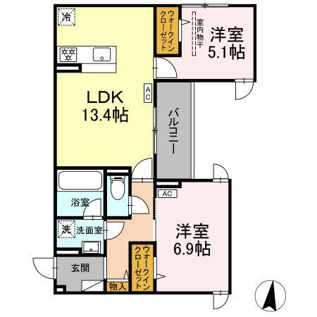 ディー パイナ 子母口2(2LDK/3階)の間取り写真