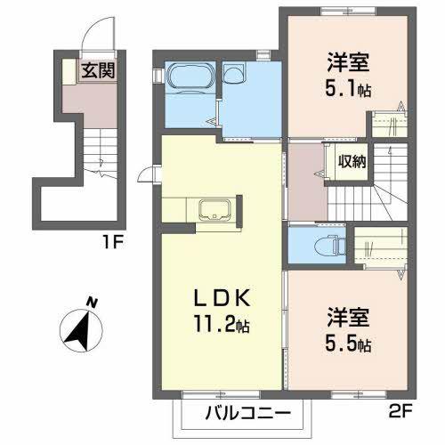 ベルメゾン桑野B(2LDK/2階)の間取り写真