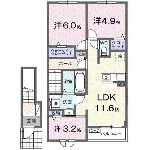 東武伊勢崎線 花崎駅 バス乗車時間：8分 最寄りバス停で下車 徒歩9分 2階建 新築(3LDK/2階)の間取り写真