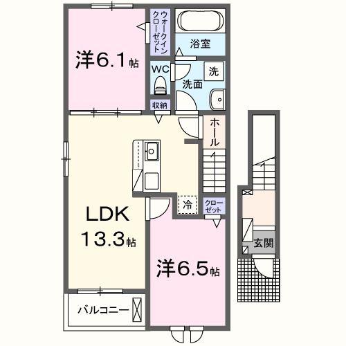 グレースヒルズGAMO B棟(2LDK/2階)の間取り写真