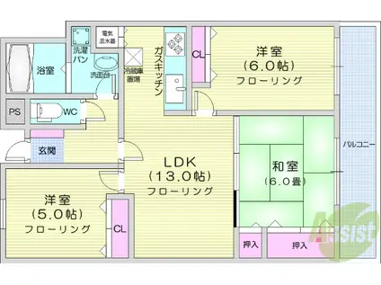 リッツコート北仙台(3LDK/3階)の間取り写真