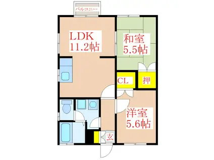 ウエストガーデンB棟(2LDK/2階)の間取り写真