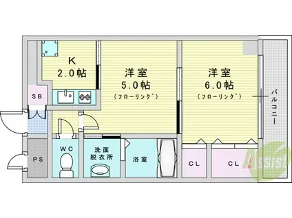 ハイツ新和(2K/4階)の間取り写真