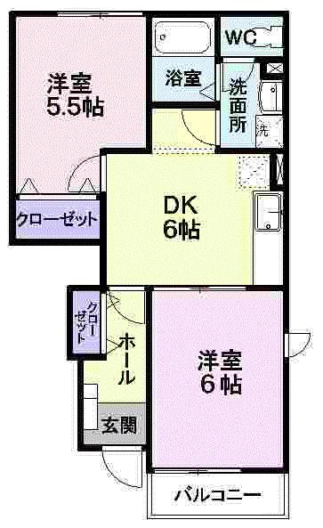 ベルソーB(2DK/1階)の間取り写真