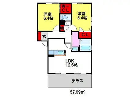 コートビレッジ本鳥栖(2LDK/1階)の間取り写真