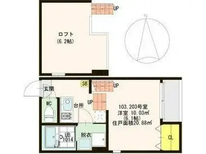 ハーモニーテラス六丁の目III(1K/1階)の間取り写真