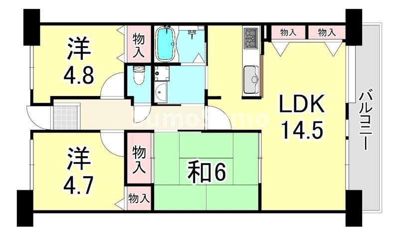 URパークタウン西武庫 6号棟(3LDK/6階)の間取り写真