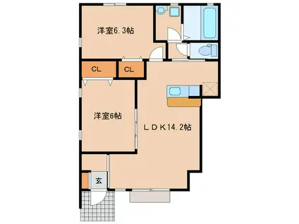 アルドールII(2LDK/1階)の間取り写真