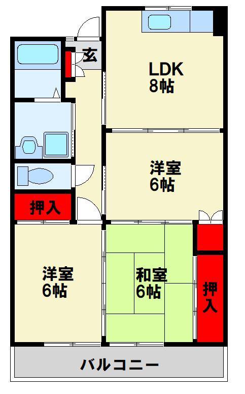 サンフル永犬丸B棟(3LDK/1階)の間取り写真