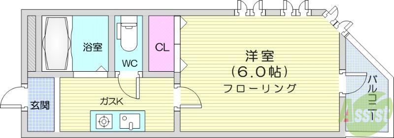 スカイヒルズ川内(1K/2階)の間取り写真