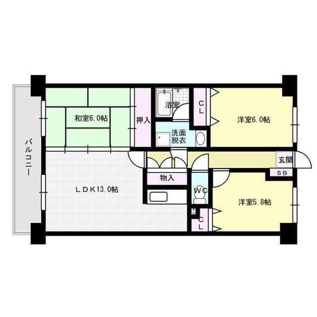 ロイヤルガーデン那珂川(3LDK/6階)の間取り写真