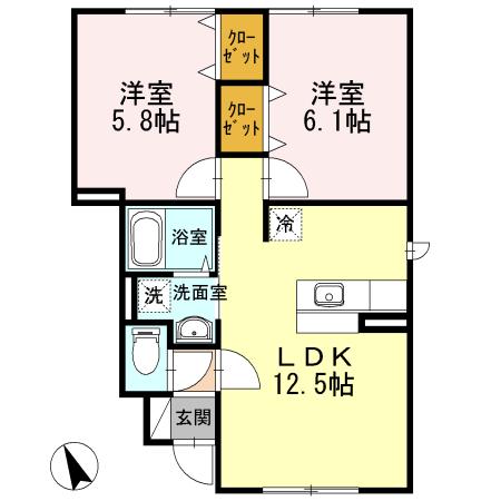 グリーンヒルズ B(2LDK/1階)の間取り写真