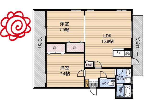 ルネス諸口(2LDK/3階)の間取り写真