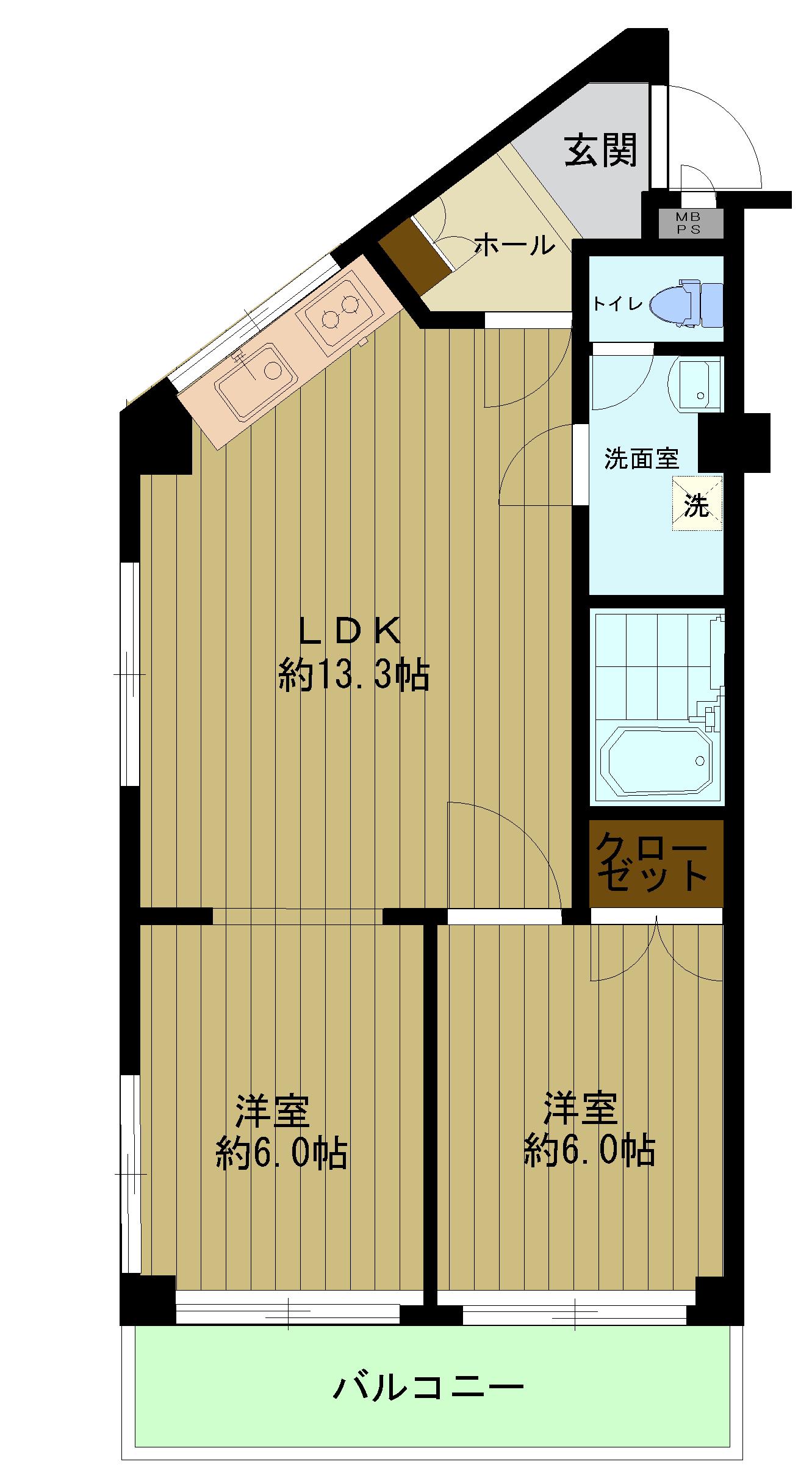 東急東横線 都立大学駅 徒歩3分 5階建 築46年(2LDK/2階)の間取り写真