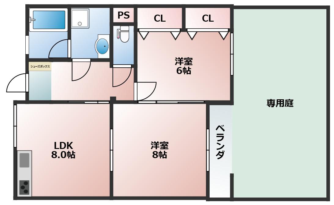 ハイフラット静徳(2LDK/1階)の間取り写真