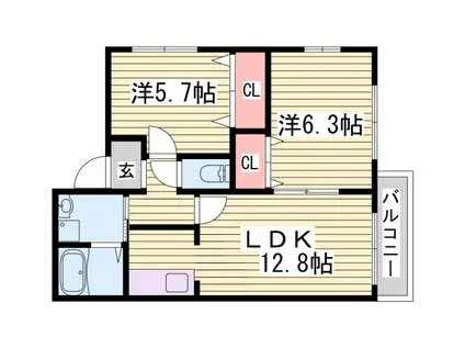 パラッツォ香寺(2LDK/2階)の間取り写真