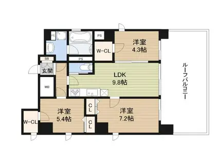 OSAKA CASTEL SHIRAHAMA PREMIER(2SLDK/3階)の間取り写真