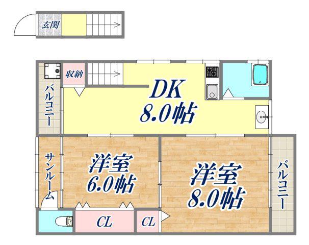 上河原通1丁目テラスハウス(2DK/1階)の間取り写真
