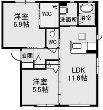クレセオ森 B棟(2LDK/1階)の間取り写真