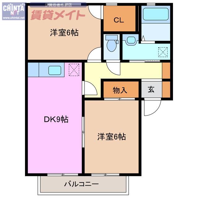 グリーンヒルハネカB(2DK/2階)の間取り写真