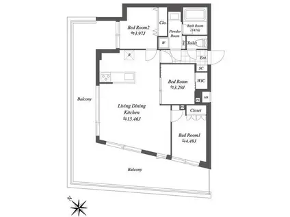 オープンブルーム渋谷本町(3LDK/5階)の間取り写真