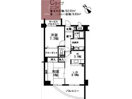 サンヴァレンティア(2LDK/2階)の間取り写真