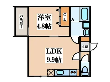 BADGE放出イースト(1LDK/2階)の間取り写真