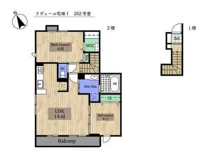 リヴェール花畑(2LDK/2階)の間取り写真