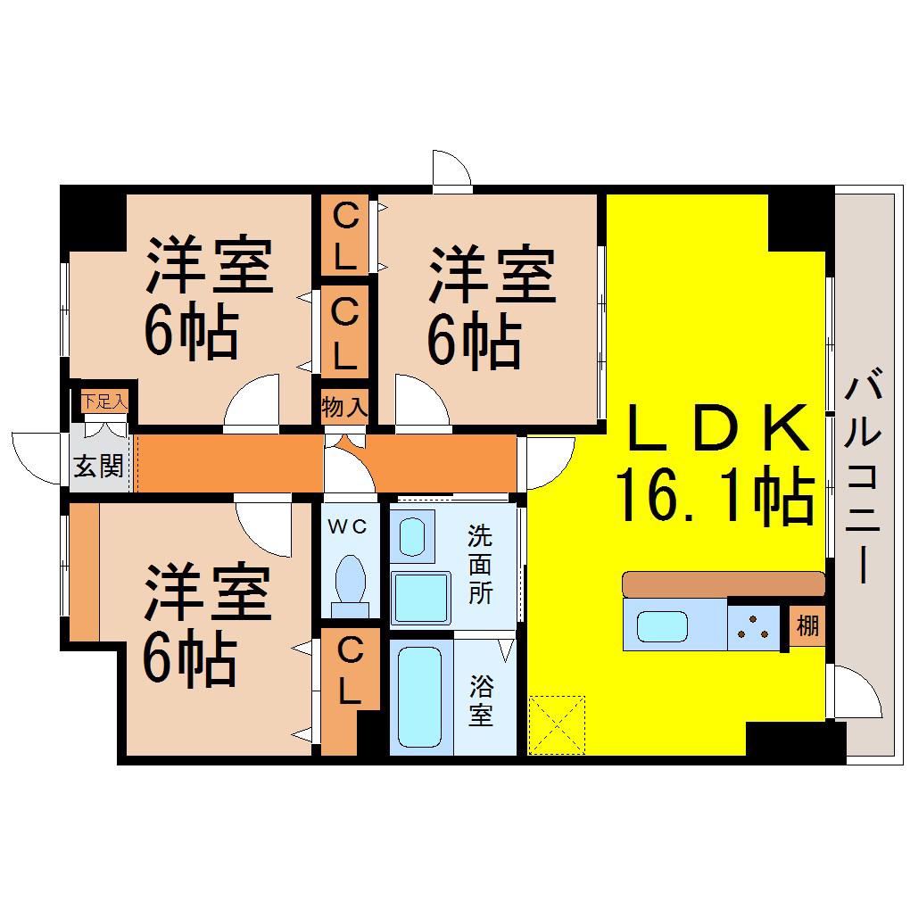 ノーブル徳川(3LDK/8階)の間取り写真