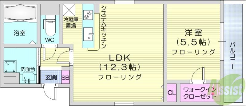 BLESSED LIFE花京院(1LDK/3階)の間取り写真