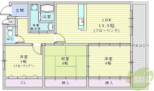 カルム千里山土井B棟(3LDK/3階)の間取り写真