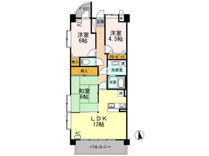 プラザハイツ二ツ屋 A棟(3LDK/1階)の間取り写真