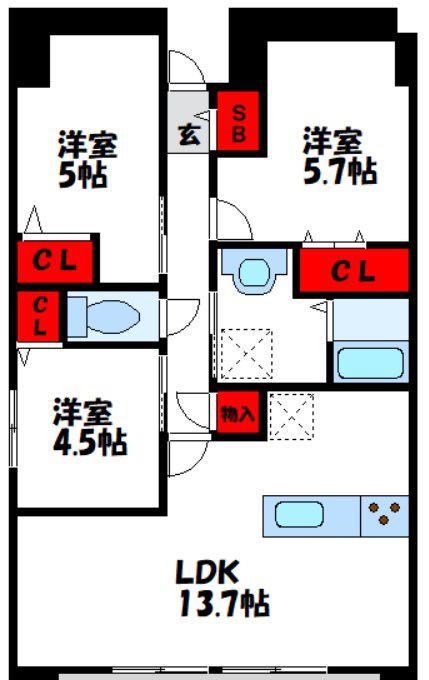 プラトウズ仲原(3LDK/3階)の間取り写真